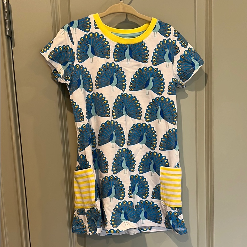 Girls fiream Peacock Print Dress with Yellow Accents
